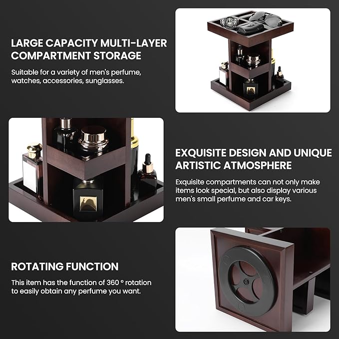 EXIN DECHEN Cologne Organizer for Men,Cologne Stand,3 Tier Wooden Perfume Shelf with Rotate,Desk Organizer,Gift for Dad From Wife,Husband Boyfriend Birthday Gift Ideas,Fathers Day Gift for Men