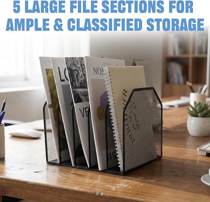 RETON 2 Pack Mesh File Sorter Organizer for Desktop, 5-Section Black Metal Vertical Desk File Organizer, Adjustable Upright Bookshelf File Holder Stand for Office Home Classroom Documents Books