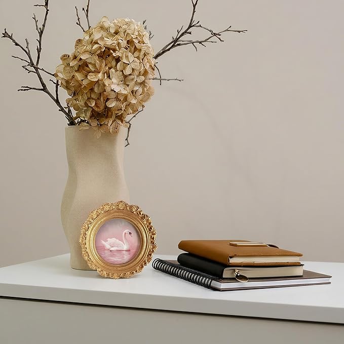 Pink Swan Round Picture Frame Wall Decor,Preppy Coquette Goose Gold Mini Ornate Photo Frame for TableTop Desk 2.7in Photo,Vintage Framed Artwork for Girly Room Walls Office Bedroom Shelf