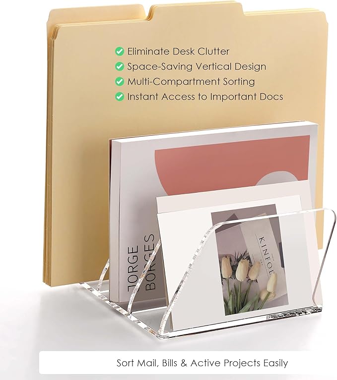 SANRUI Clear Acrylic Mail Sorter Organizer Countertop Letter Holder for Desk with 5 Slots, Vertical Paper Sorter and Envelope Holder for Desk Organization
