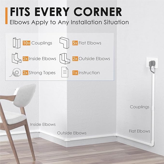 Delamu 236in Cord Hider, Single-Wire Cord Covers for Wires on Wall, Paintable Snap-on Design Wire Cover, Cable Management Kit for Corner-Mounted TVs, Easy Install Cable Raceways, W0.59 H0.4in, White