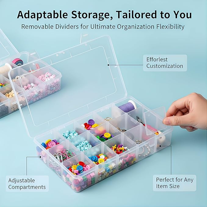 Umirokin 2 Pack 15 Grids Clear Plastic Organizer Box with Adjustable Dividers, Craft Storage Containers for Jewelry, Beads, Screws, Tackle Box, Washi Tapes, Small Parts Organizer for Arts and Crafts