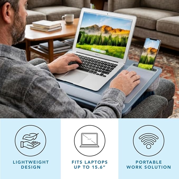 LAPGEAR Home Office Pro Lap Desk with Wrist Rest, Mouse Pad, and Phone Holder - Slate Blue - Fits up to 15.6 Inch Laptops - Style No. 91623