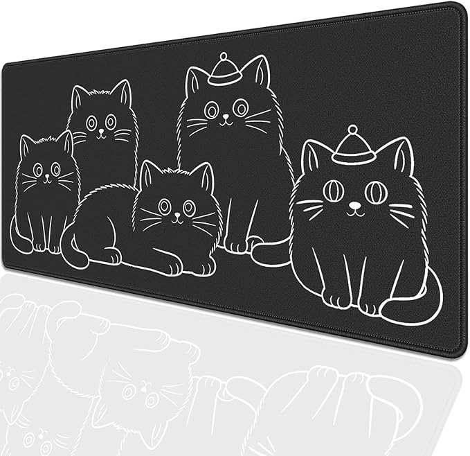 Cute Black Cat Large Mouse Pad Desk Mat, 27.5x11.8in Minimalist Line Art Kitten Extended Keyboard Mousepad with Stitched Edges,Desk Pad Non-Slip Waterproof Rubber Base for Office, Computer & Laptop