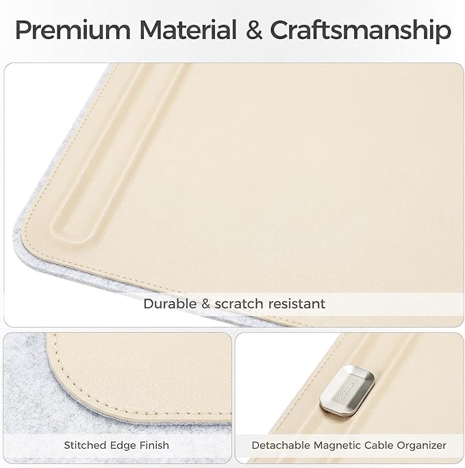 Desk Mat – Double-Sided Vegan Leather & Felt | Built-In Magnetic Cable Organizer & File Storage | Premium Workspace Pad for Office, Gaming & Creative Professionals-（Beige）