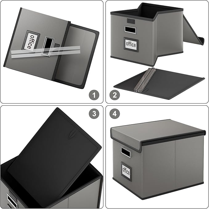 File Organizer Boxes with Lids, Collapsible Faux Leather Hanging File Folder Box Organizer with Plastic Slide, Decorative Home/Office Filing System Boxes for File and Folders Storage