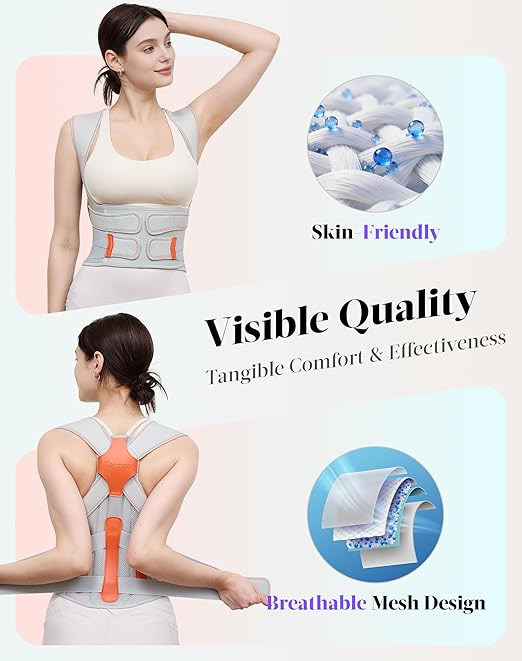 Kepwaa Posture Corrector for Women and Men, 5 Full Back Support Brace Rods, Adjustable Shoulder Straightener, Relief for Upper and Lower Back, Neck, Lumbar, Scoliosis, Hump, Gray, Medium