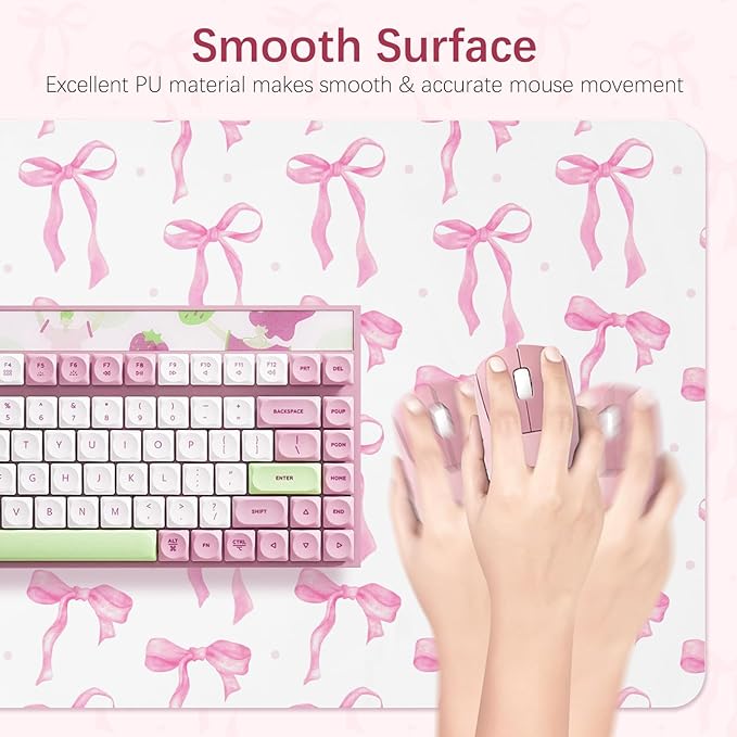 Desk Mat, Pink Bow Mouse Pad Large for Computer Laptop, PU Leather Non-Slip Waterproof Writing Pad Desk Blotter, Cute Girly Desktop Protector Pink Office Desk Accessaries for Women 31.5 x 15.7 Inch