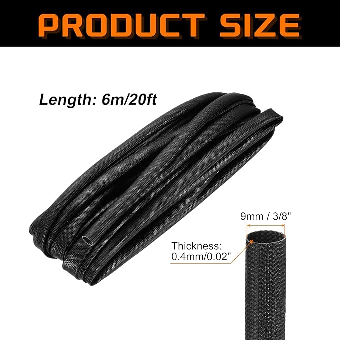 MECCANIXITY 20ft Braided Cable Sleeve, 3/8" ID 200C Heat Resistant 1500V Fiberglass Wire Insulation Cord Protector Organizer Wires Management for Motor Engine Fuel Line, Black
