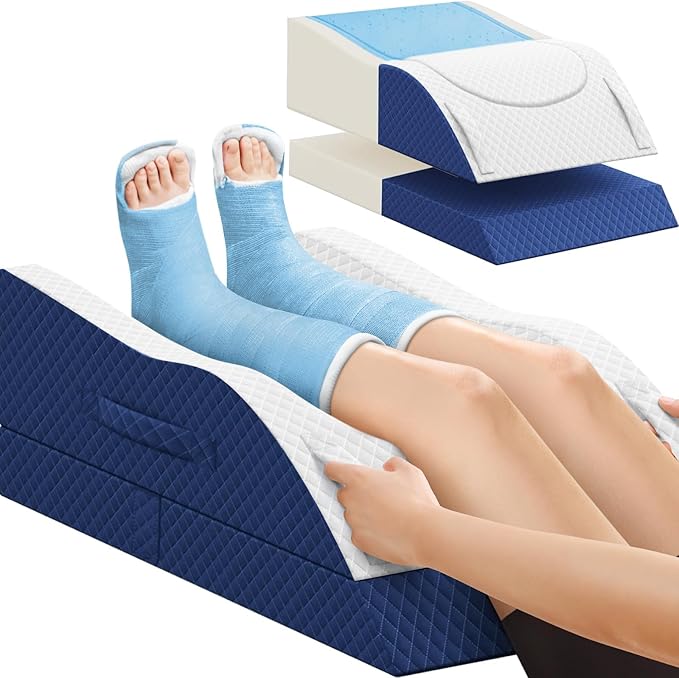 CushZone Leg Pillow, Leg Elevation Pillow with Pad and Memory Foam, Height Adjustable Bolster Pillow for Legs, Leg Pillow Elevation Blood Circulation, for Post-Surgery, Blue & White