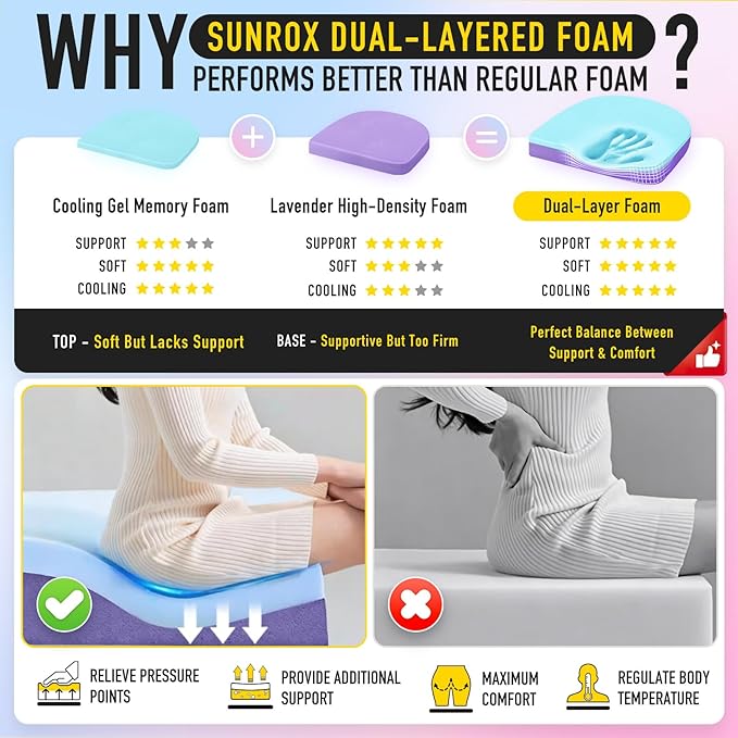 SUNROX Cooling Gel Memory Foam Chair Cushions, 2.6" Thick U-Shaped Dual-Layer Comfort Dining Chair Pads, Non Slip Seat Cushion with Ties for Indoor Kitchen Office 17"x16" Set of 4, Midnight