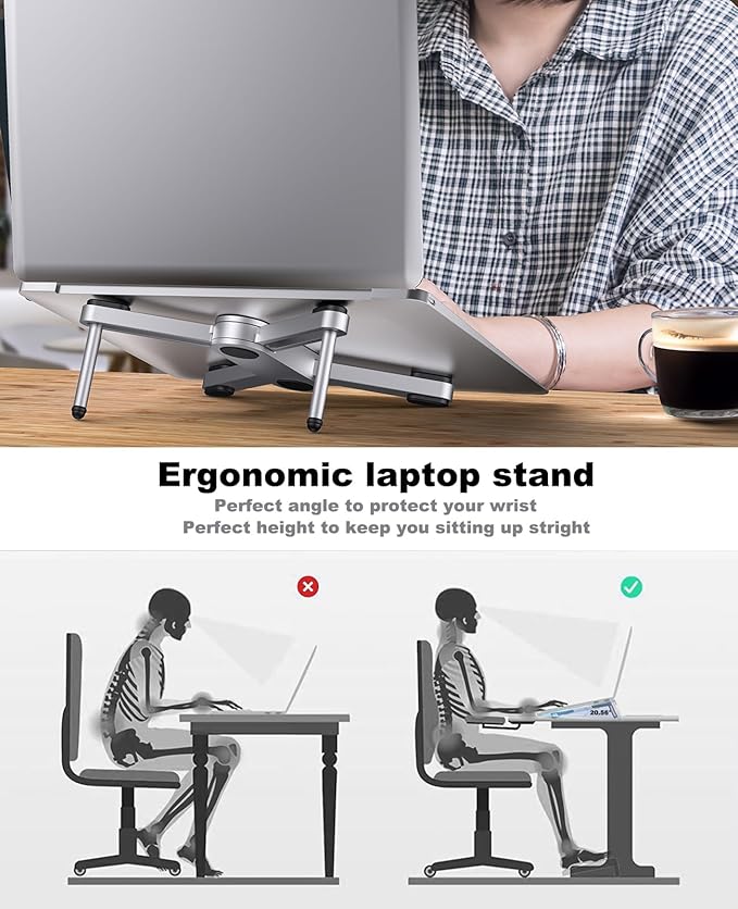 YICOSUN New Concept Laptop Stand - Adjustable Ergonomic Aluminum Riser for MacBook Pro/Air up to 15.6” - Foldable & Portable Computer Stand for Desk, Students, Office, Travel, Gaming - Silver