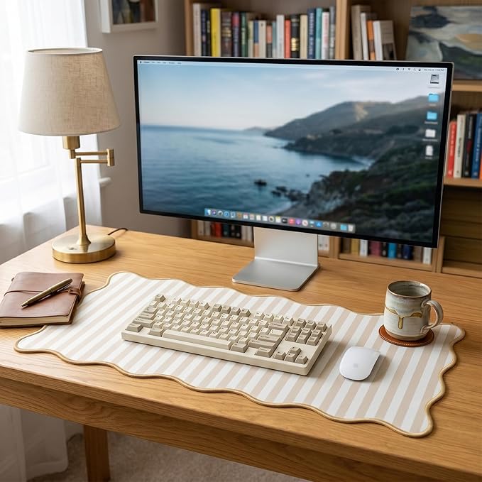 Scalloped Desk Mat Extended Large Cute Striped Mouse Pad Big Desk Pad XXL Aesthetic Stripe Mousepad Gaming Mouse Pad for Keyboard Computer Laptop Home Office Accessories 31.5X15.7Inches Beige