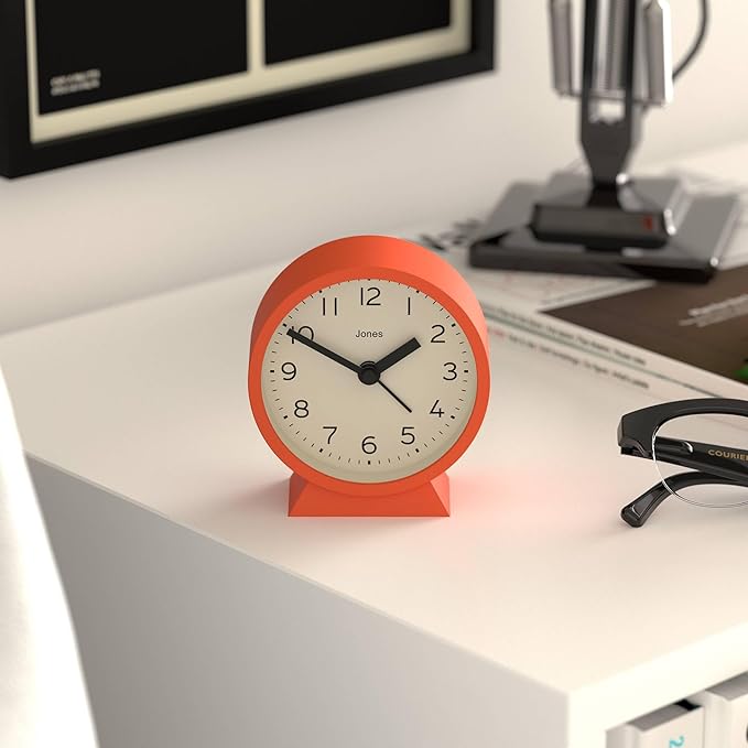 JONES CLOCKS® Midnight mini Alarm Clock | Contemporary Design | Orange | Stylish, Compact and Functional for Bedside, Desk or Shelf