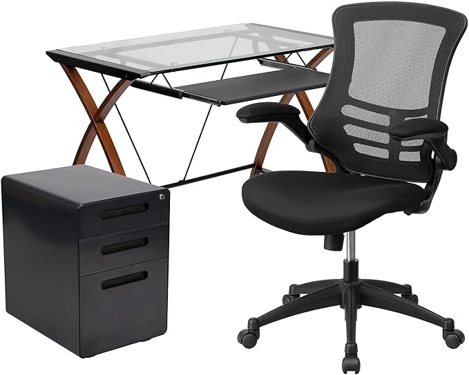 Flash Furniture Work From Home Kit - Glass Desk with Keyboard Tray, Ergonomic Mesh Office Chair and Filing Cabinet with Lock & Inset Handles