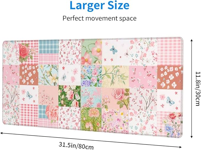 Patchwork Floral Mouse Pad 31.5 X 11.8 Inch Big Desk Rubber Base Stitched Edges Keyboard Pad XXL Mouse Mat for Home Game and Office