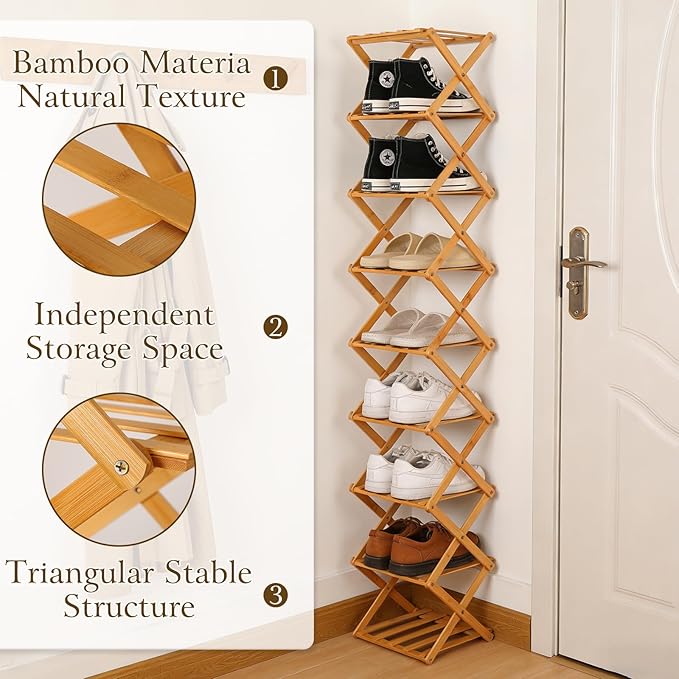 Foldable Shoe Rack, Tier No-Assembly Bamboo Rack, 2026 New Portable Bamboo Corner Shoe Rack, Multifunctional Narrow Shoe Shelf for Entryway, Closet, Corner, Bedroom (6 Layers)
