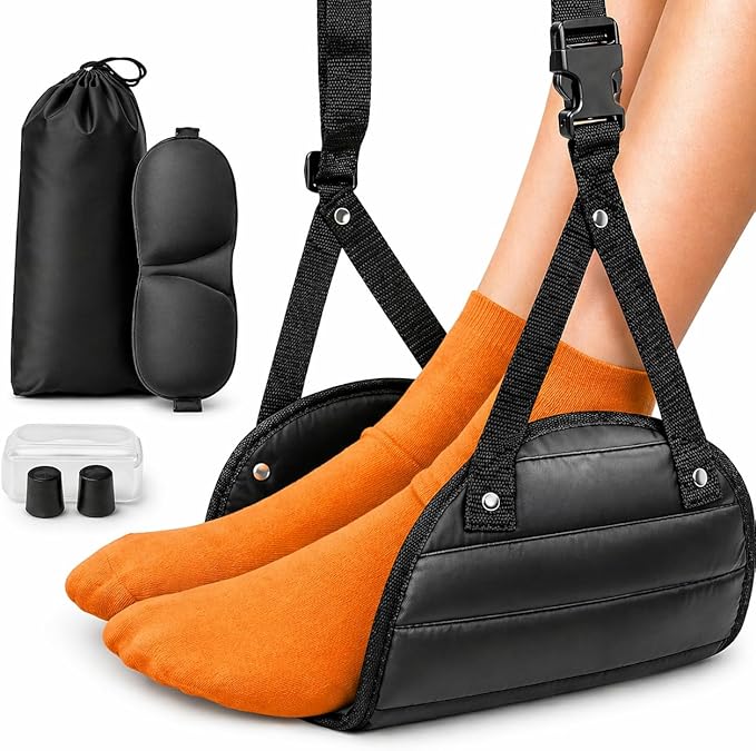 Airplane Foot Hammock for Plane Travel Essentials, Adjustable Foot Rest for Long Flights, Portable Airplane Footrest with Eye Mask & Ear Plugs, 3-in-1 Travel Comfort Kit