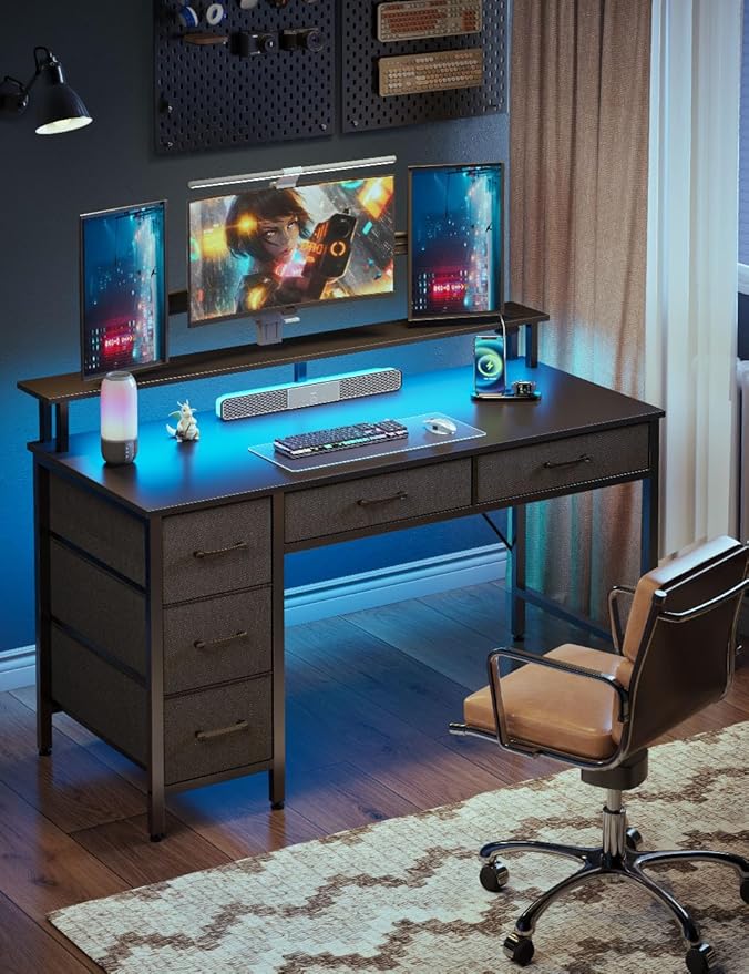 Seventable Computer Desk with Power Outlets & LED Lights, 47 inch Office Desk with Keyboard Tray & 5 Drawers, PC Desk/Work Desk/Computer Table for Home Office, Black