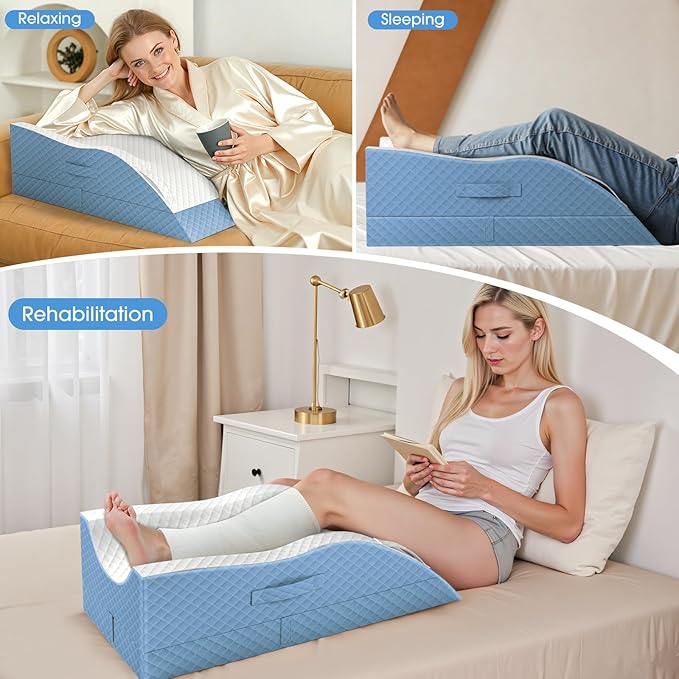 TranquilRelax Elevation Pillows for Leg After Surgery, Memory Foam Adjustable Wedge Pillow for Injury or Rest, Ankle Pillow for Sleeping Blood Circulation, Light Blue/Single Leg