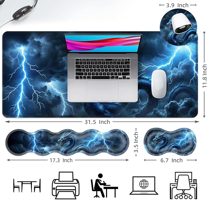Ergonomic Mouse Pad Set with Wrist Support for Keyboard and Wrist Rest for Mouse, Memory Foam Comfort, Non-Slip Large Desk Mat for Home Office Pain Relief,Lightning Dragon