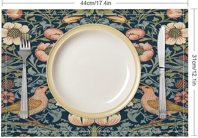 William Morris Bird Placemats Retro Bird Elegant Animal Pattern Linen Washable Table Mats Stain Heat-Resistant Desktop Decor Place Mats for Home Kitchen Dining Party 12x18 in 6 PCS