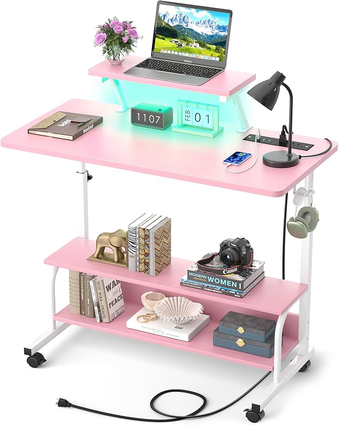 Height Adjustable Standing Desk with Power Outlets and LED Lights - 32" Manual Stand Up Desk with Monitor Stand and Storage Shelves Small Mobile Rolling Computer Desk Portable Laptop Table, Pink