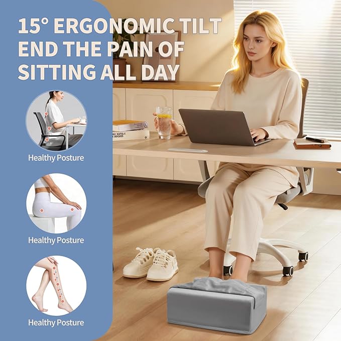 Ergonomic Foot Rest for Under Desk at Work – 15° Tilt Angle Under Desk Footrest with High-Resilience Foam, Velvet Top & Non-Slip Base, Comfortable Foot Stool for Office Chair and Home, Grey