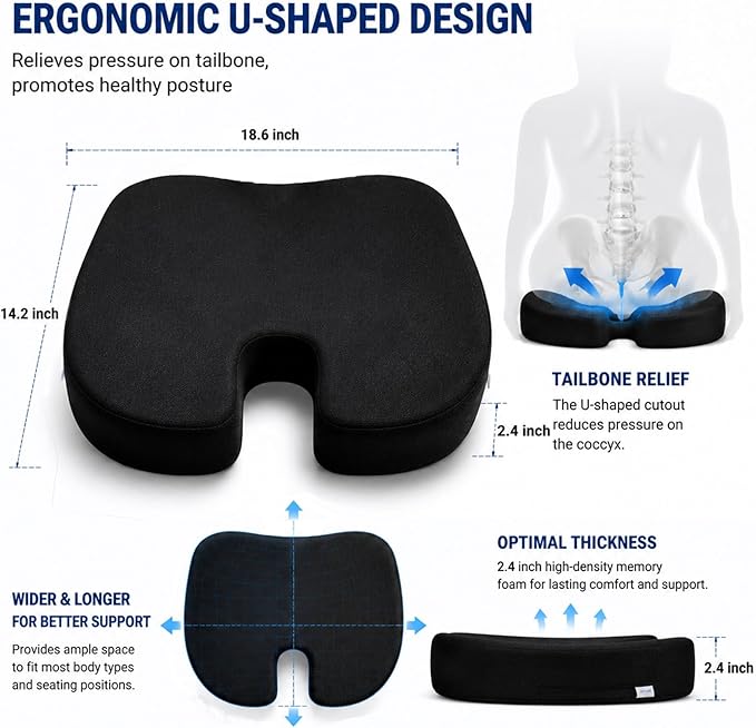 Seat Cushion for Long Sitting, Cooling Gel Memory Foam Seat Cushion - Back, Sciatica, Coccyx, Tailbone Pain Relief - for Office Chairs, Car Seat, Wheelchair Sitting Cushion (Black)