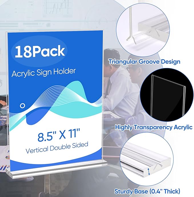 acrylic sign holder 8.5 x 11 Paper Stand 18 Pack Clear Double Side T Shape Acrylic Table Signs for Displaying, Flyer Holder Paper Card Holder for Office Business Store Mall Restaurants