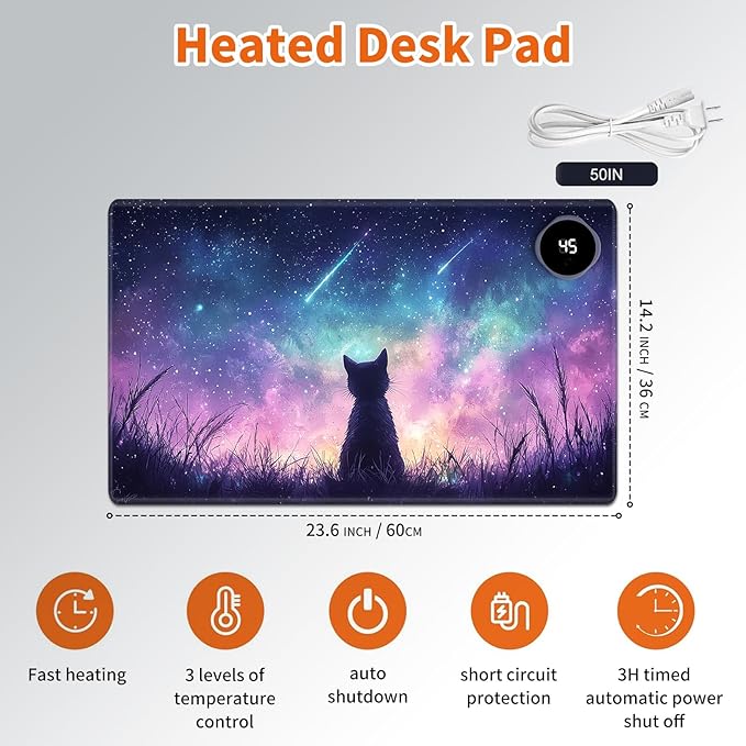 Heated Mouse Pad,Warm Desk Pad with 3 Levels Heating & 3 Hours Auto Shut-Off, PU Leather Heated Desk Pad Warmer Pad for Home Office - 23.6 x 14.2 inch,Starry Cat