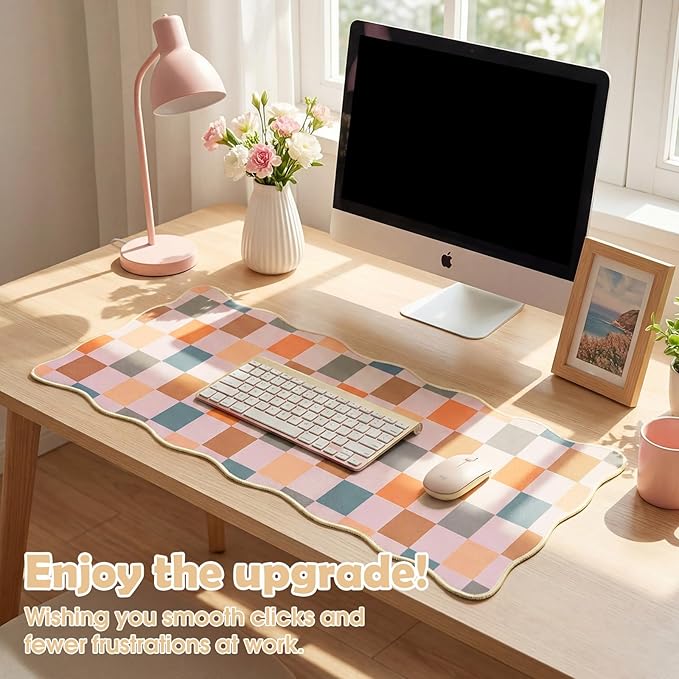 Copkim 1 Pcs Boho Scalloped Checkered Desk Mat 31.5 x 11.8 Inch Large Cute Mouse Pad Computer Mat Non Slip Waterproof Rubber Base with Border Stitching Soft Keyboard Pad for Home Office Gaming Makeup