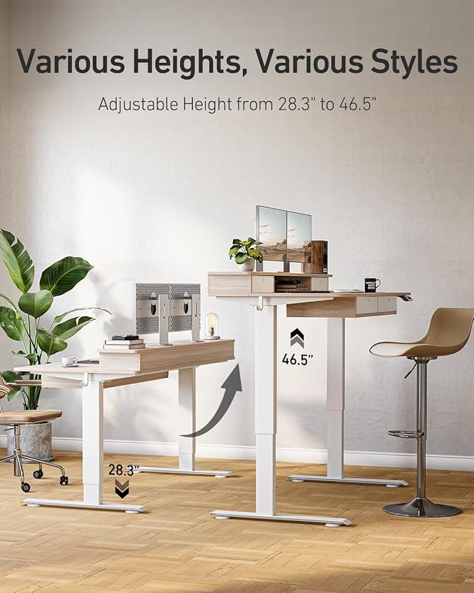 FEZIBO 60 x 30 inch Standing Desk with Drawers, Height Adjustable Electric Workstation, Computer Sit Stand Up Table with Large Storage Shelf 4 Drawers and 2 Hooks, Light Rustic Brown
