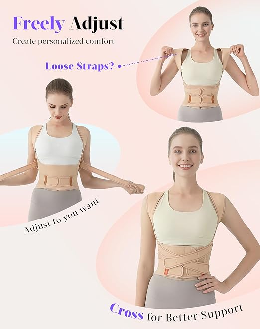 Kepwaa Posture Corrector for Women and Men, 5 Full Back Support Brace Rods, Adjustable Shoulder Straightener, Relief for Upper and Lower Back, Neck, Lumbar, Scoliosis, Hump, Beige, Medium