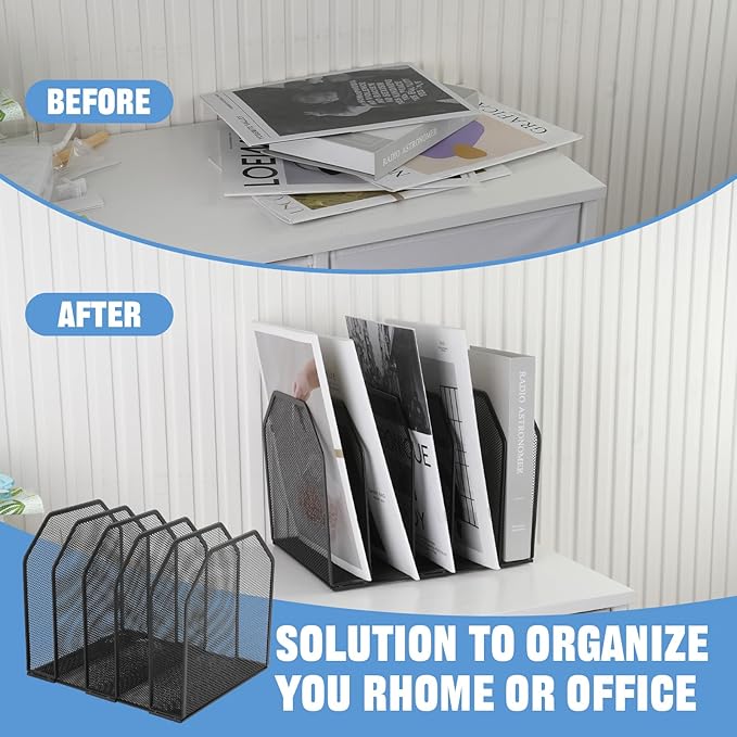 RETON 2 Pack Mesh File Sorter Organizer for Desktop, 5-Section Black Metal Vertical Desk File Organizer, Adjustable Upright Bookshelf File Holder Stand for Office Home Classroom Documents Books