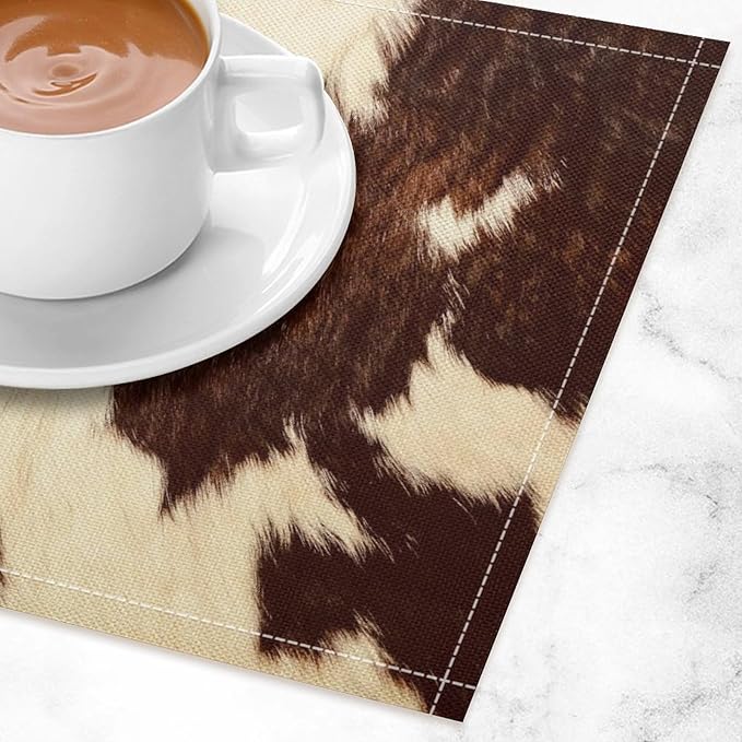 Cow Fur Placemats Farmhouse Western Farm Animal Skin Brow and White Cowhide Print Linen Washable Table Mats Stain Heat-Resistant Desktop Decor Place Mats for Home Kitchen Dining Party 12x18 in 6 Pcs
