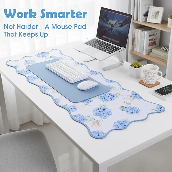 Copkim 1 Pcs Blue Scalloped Hydrangea Desk Mat 31.5 x 11.8 Inch Large Cute Mouse Pad Computer Mat Non Slip Waterproof Rubber Base with Border Stitching Soft Keyboard Pad for Home Office Gaming Makeup