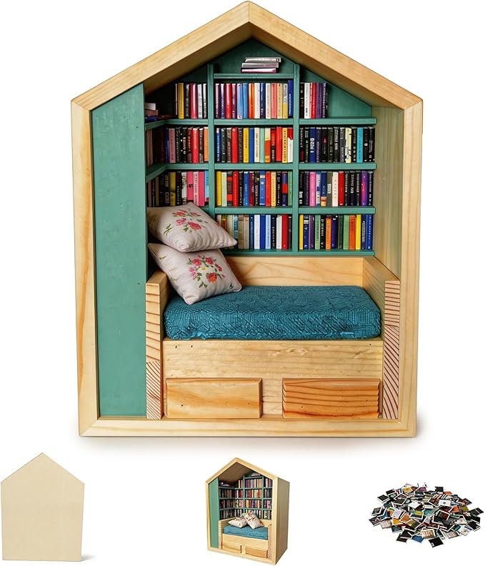 Anxiety Bookshelf with 300 Mini Books, Mini Wooden Bookshelf with Reading Nook, Desk Decor Anxiety Relief Bookshelf for Book Lovers(Green)