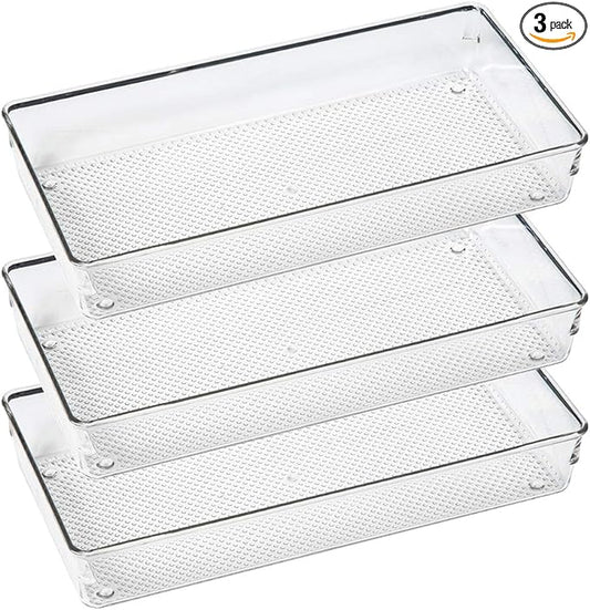 3 Pack Large Clear Plastic Drawer Organizer Tray Cutlery Utensil Makeups Drawer Organizers 12" X 6"