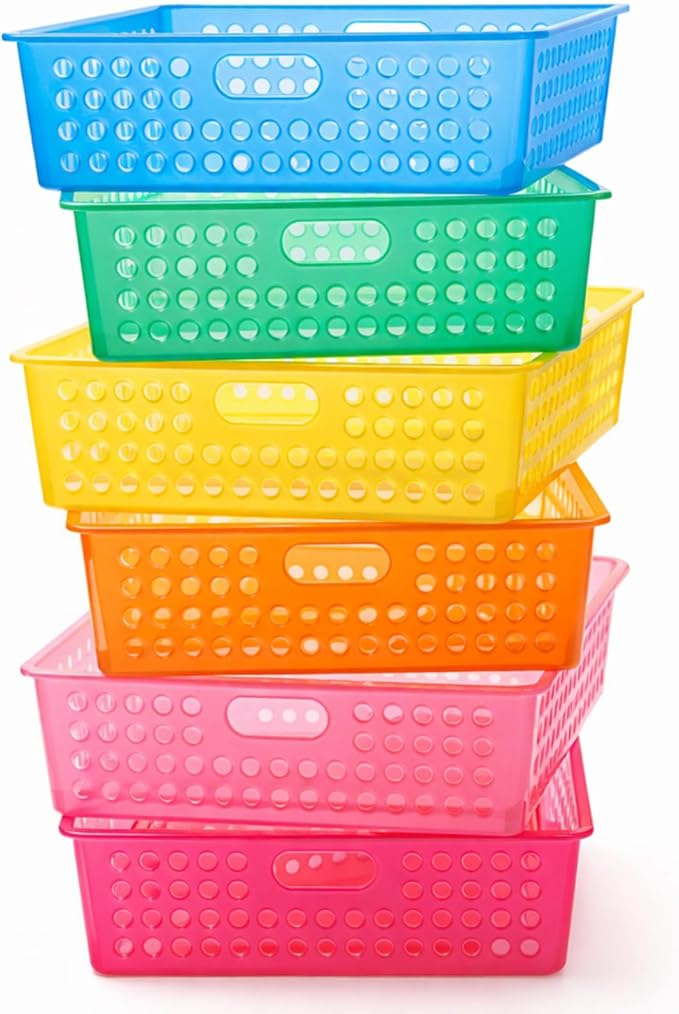 Geetery 6 Pack Classroom Storage Baskets with Handle 14''x10'' Paper Tray Holds A4 Turn in Trays Plastic Paper Baskets Desk Organizer Bin for Classroom, Library, Office, Home (Translucent Colors)