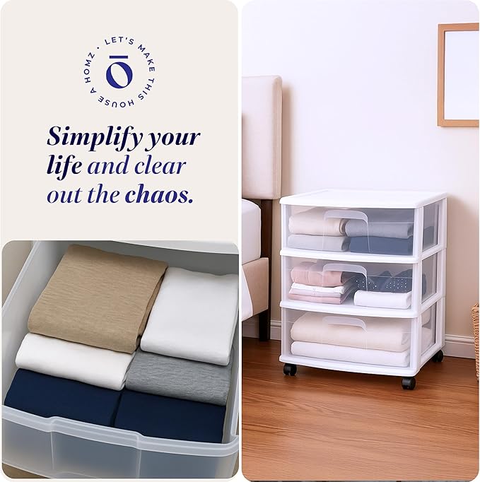 HOMZ Drawer Tower, 3-Tier Wide Rolling Storage Cart with Removable Wheels, White Frame – Plastic Organizer with Clear Bin Drawers for Bedroom, Bathroom, Home Office, and Dorm Room