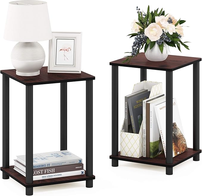 Furinno TURN-N-TUBE Side Table Set of 2, 2-Tier Modern Square End Table with Open Shelf, Toolless Stackable Night Stand, Bedside Table, for Living Room, Bedroom, Dark Cherry