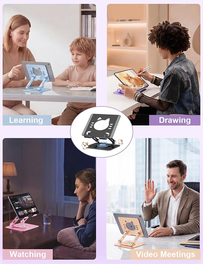 Aoviho Tablet Stand 360° Rotating Aluminum Holder, Adjustable, Portable and Foldable Monitors Stand for iPads, Compatible with 4-12.9" Tablets, Ink Black