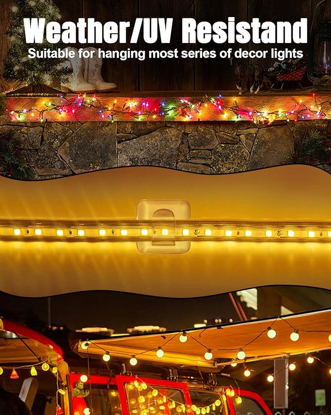Hooks for Outdoor String Lights Clips: 50 Pack Square Clear Large Heavy Duty Light Hook Waterproof Adhesive Strips - Outside Hanging Rope Light Cable Cord Holders Organizer