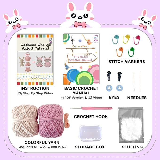 LoopMap Amigurumi Crochet Kit for Beginners with Removable Dress & Video Tutorials, DIY Bunny Making Kit Includes Premium Yarn & Tools, Creative Gift for Adults Teens (Purple)
