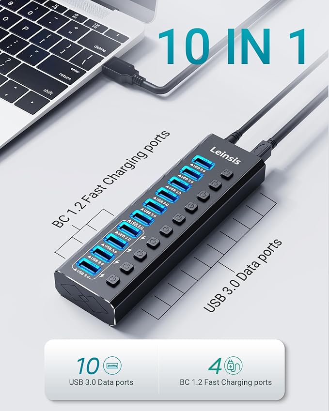 Powered USB Hub 3.0, Leinsis 10-Port USB 3.0 Hub [Durable Aluminum] 10 Data Transfer Ports+ 4 Smart Charging Ports with Individual On/Off Switches, USB Hub 3.0 Powered with Power Adapter for Laptop PC