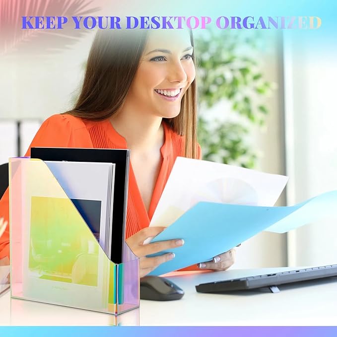 Engrowtic 2 Pcs Iridescent Vertical Magazine File Holder Acrylic Magazine Holder Storage Organizer Plastic Clear Acrylic Rack for Office Classroom Home Document Paper Book Collection
