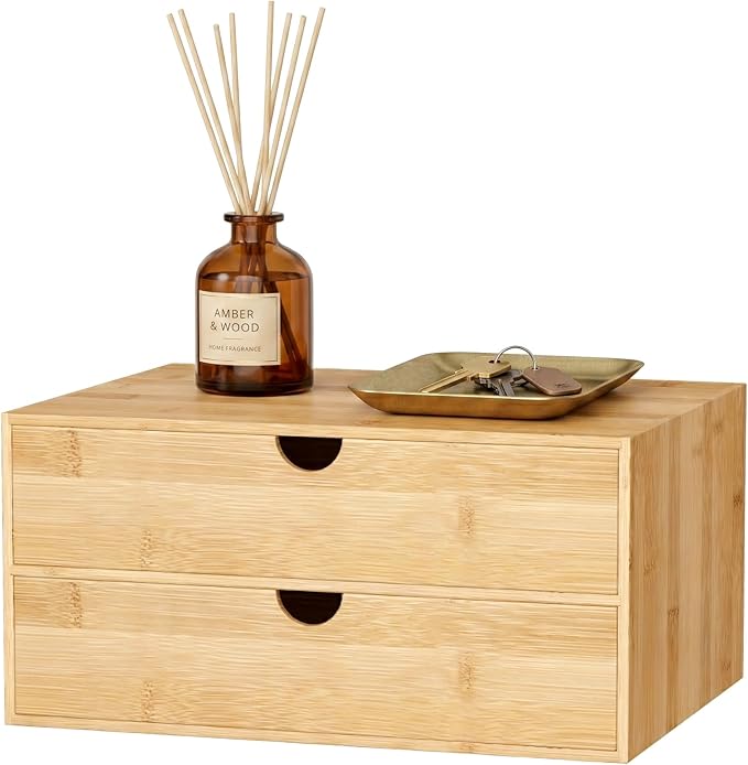 Desk Organizer with Drawers - Bamboo Desktop Organizer Storage | Wood Desk Drawers Organizer for Bills, Office Supplies, Cosmetics, Seals No Assembly Required (2 Drawer)
