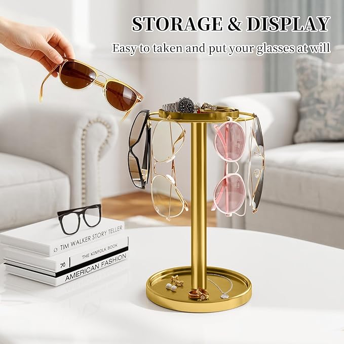 LSK 360° Rotating Sunglasses Organizer, Stainless Steel Glasses Holder Stand with Organizer Tray, Eyeglasses Holder with Storage Base for Dresser, Desk Table, Nightstand & Home Decor, Gold
