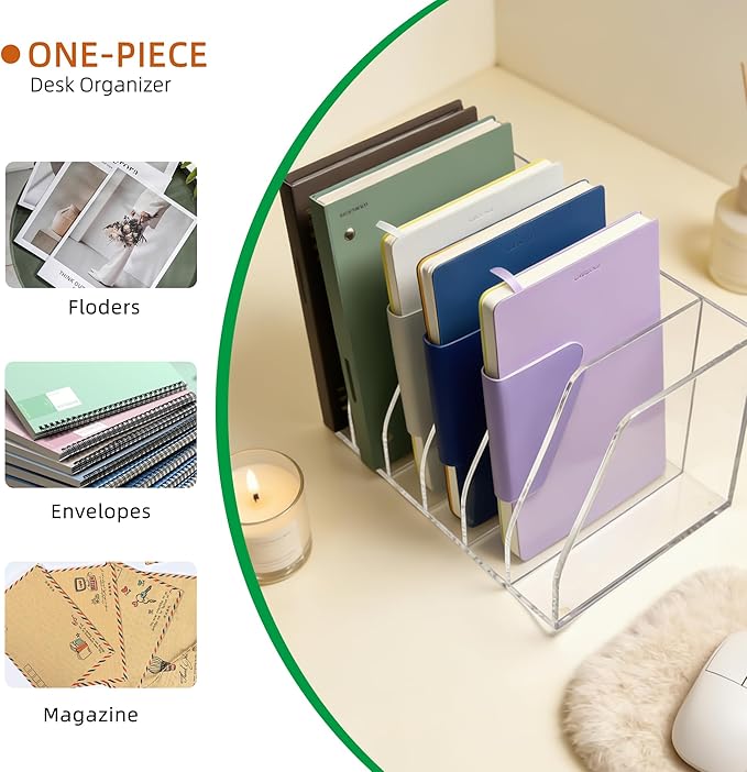 Acrylic Magazine File Holder, 6 Vertical Compartments Desk Document Sorter Organizer, Clear Folder Rack Binder for Office, Tablets, Magazines, Books – Home/Classroom Rack, 5mm Thick